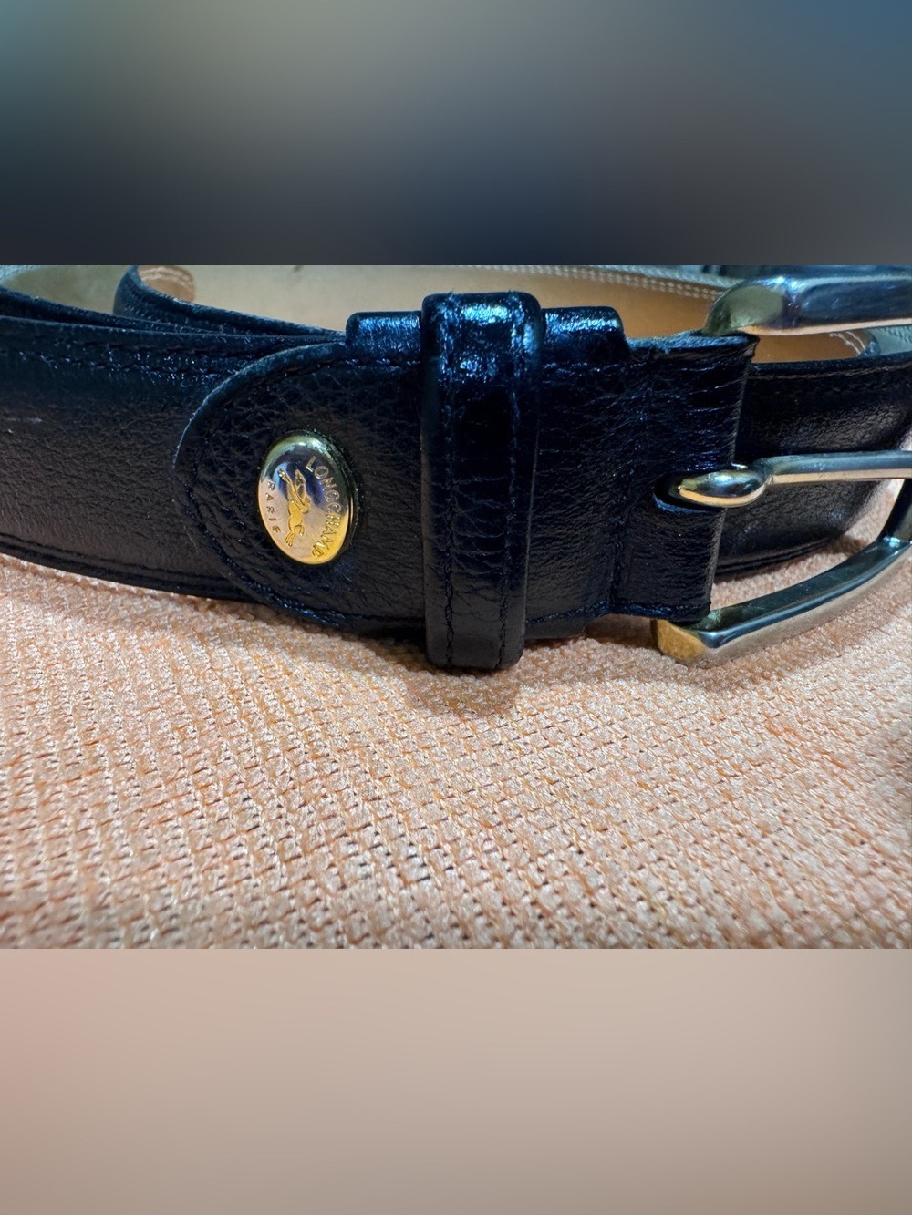 Longchamp Black Leather Belt with Gold Button Detail 53in/132cm